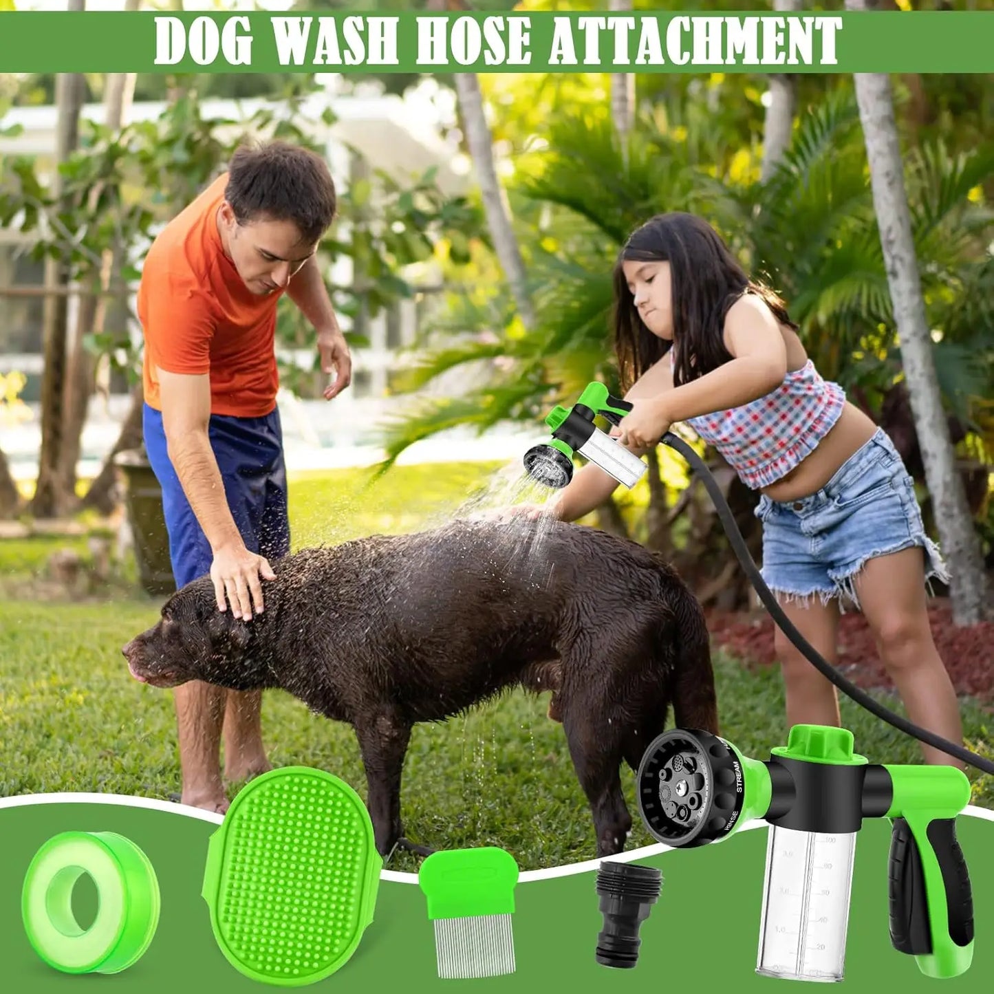 8-In-1 Dog Wash Sprayer with Massage Brush and Grooming Comb, Garden Hose Nozzle for Pet Bathing and Car Washing