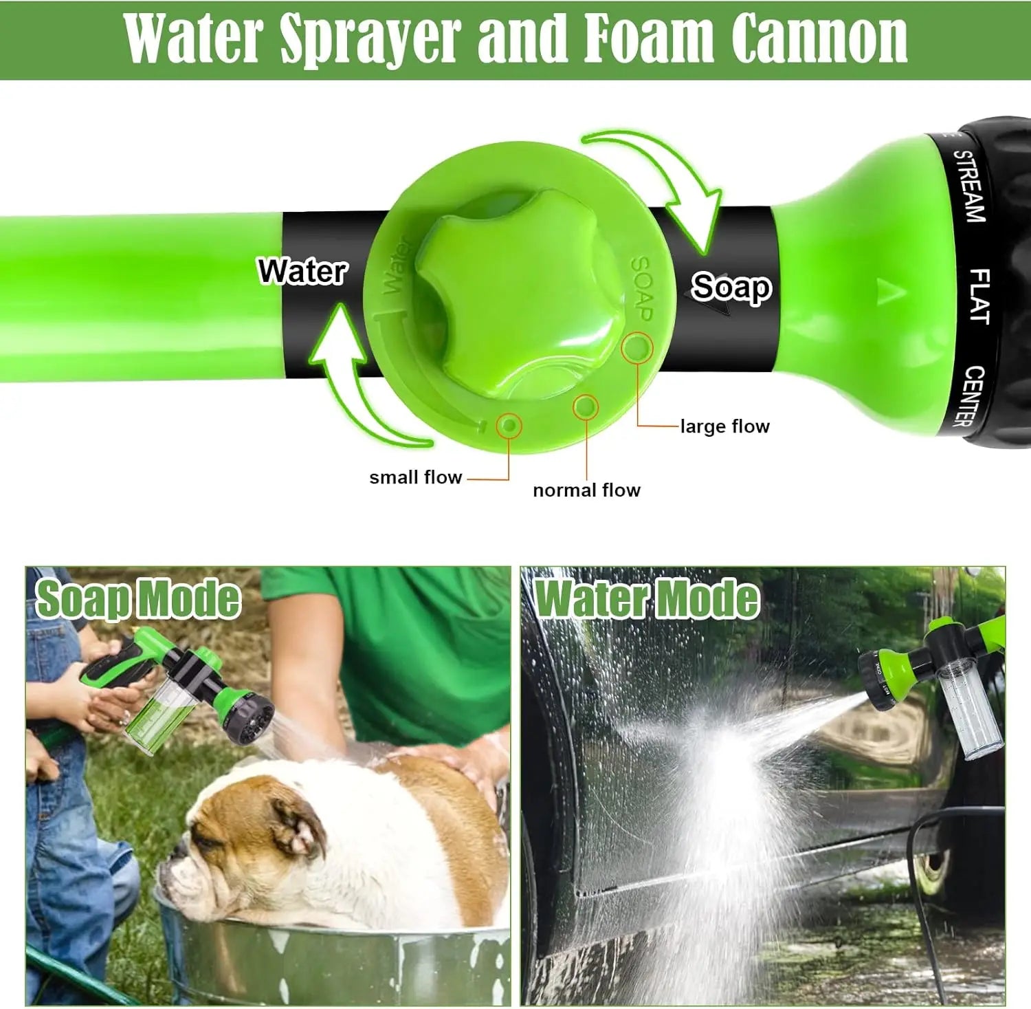 8-In-1 Dog Wash Sprayer with Massage Brush and Grooming Comb, Garden Hose Nozzle for Pet Bathing and Car Washing